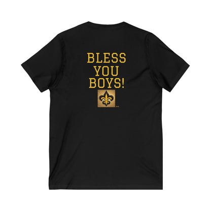 SAINTS "V-NECK" TEE 'WE NEED A BLESSING & BLESS YOU BOYS' on back - Unisex